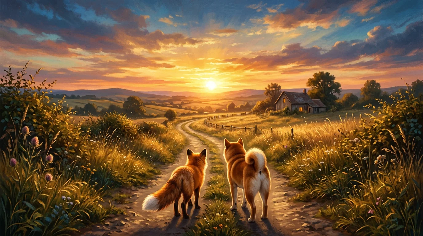 A red fox and a shiba inu walking a country road toward a golden sunset